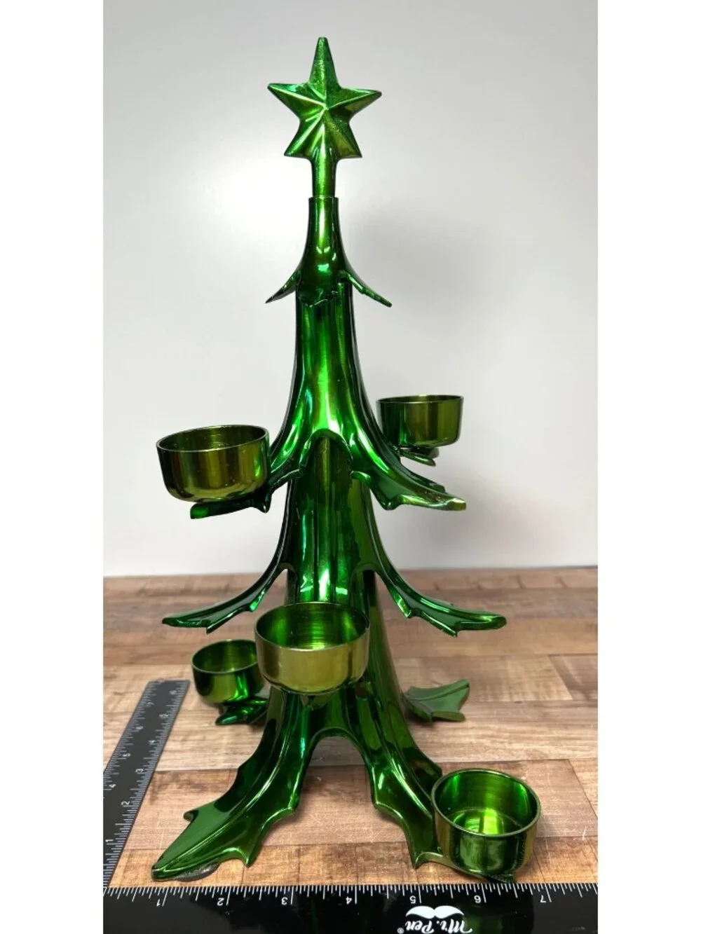 Metallic Green Christmas Tree Tealight Holder With Star Holds 6 Candles Heavy